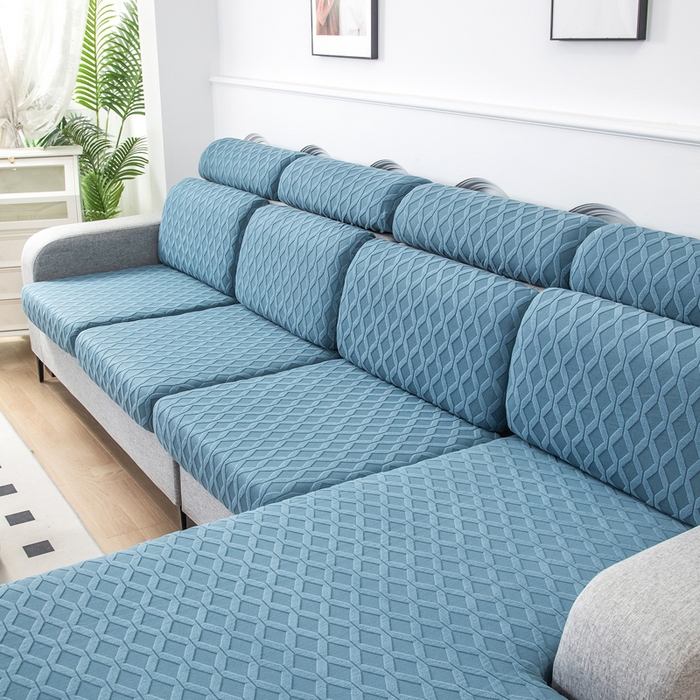 91家纺网 家纺一手货源 找家纺 千彤沙发垫 2024新款常规款拉花菱形格沙发套系列 水蓝
