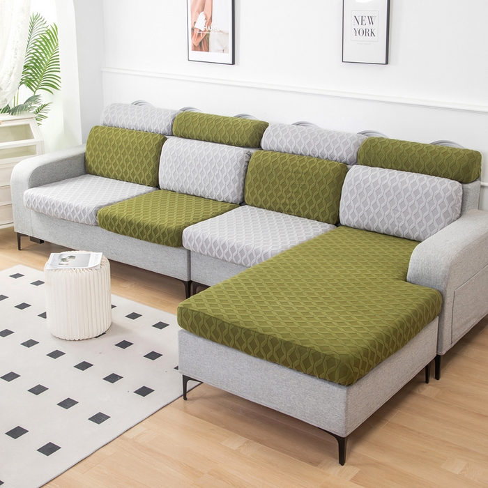 91家纺网 家纺一手货源 找家纺 千彤沙发垫 2024新款常规款拉花菱形格沙发套系列 橄榄绿银灰