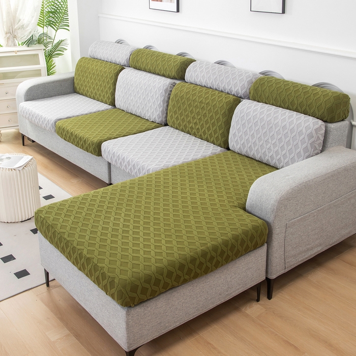 91家纺网 家纺一手货源 找家纺 千彤沙发垫 2024新款常规款拉花菱形格沙发套系列 橄榄绿银灰