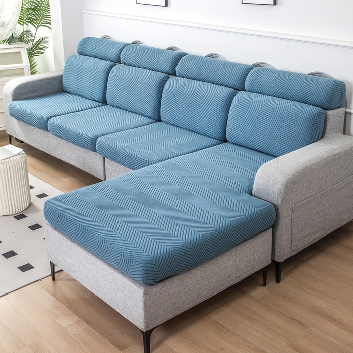 91家纺网 家纺一手货源 找家纺 千彤沙发垫 2024新款常规款拉花人字纹沙发套系列 水蓝