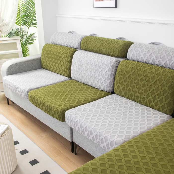 91家纺网 家纺一手货源 找家纺 千彤沙发垫 2024新款常规款拉花菱形格沙发套系列 橄榄绿银灰