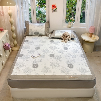 慕澄2024新款A类时尚印花刺绣冰藤凉席 床笠款-黑玫瑰