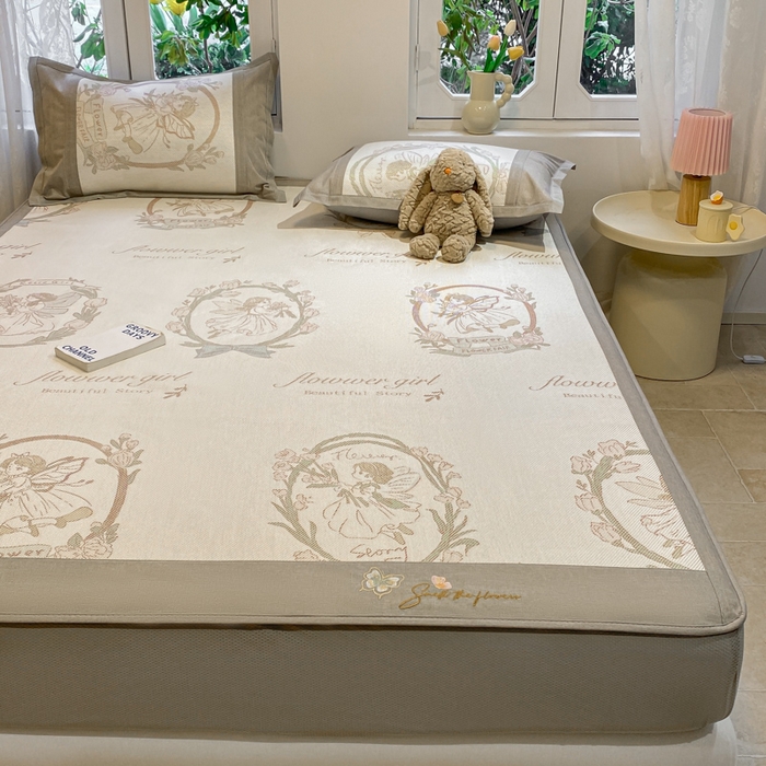 91家纺网 家纺一手货源 找家纺 慕澄2024新款A类时尚印花刺绣冰藤凉席 床笠款-花仙子