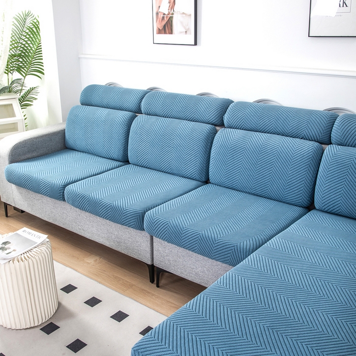 91家纺网 家纺一手货源 找家纺 千彤沙发垫 2024新款常规款拉花人字纹沙发套系列 水蓝