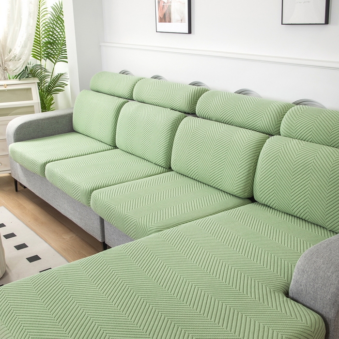 91家纺网 家纺一手货源 找家纺 千彤沙发垫 2024新款常规款拉花人字纹沙发套系列 浅绿