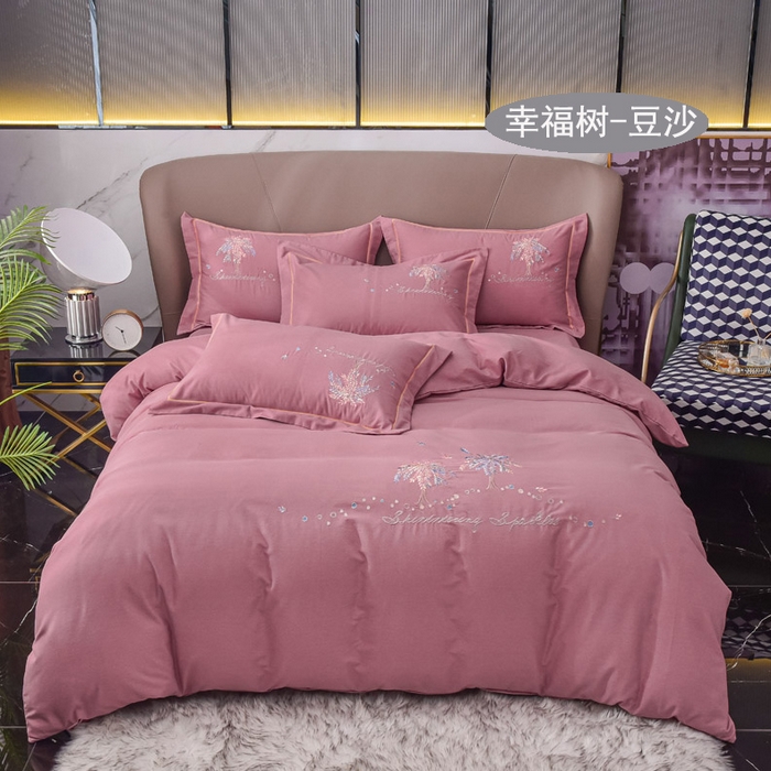 91家纺网 家纺一手货源 找家纺 艾迪尚家纺 2025新款纯色生态磨毛绣花单床单 幸福树-豆沙