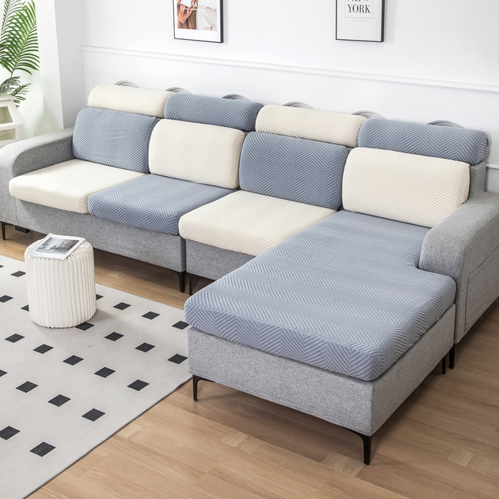 91家纺网 家纺一手货源 找家纺 千彤沙发垫 2024新款常规款拉花人字纹沙发套系列 蓝灰米黄