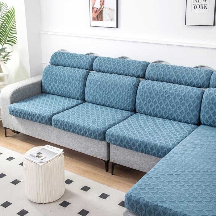 91家纺网 家纺一手货源 找家纺 千彤沙发垫 2024新款常规款拉花菱形格沙发套系列 水蓝