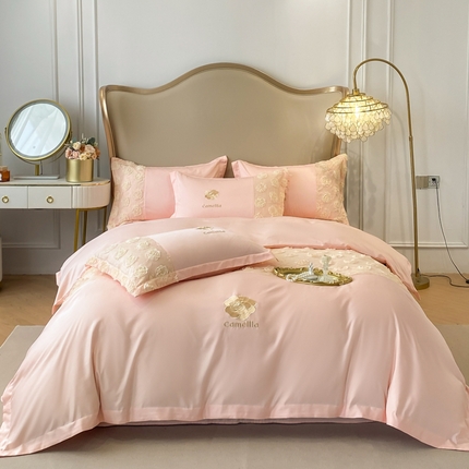 红嘴企鹅 2025新款水洗真丝工艺款山茶花冰丝四件套 山茶花粉色