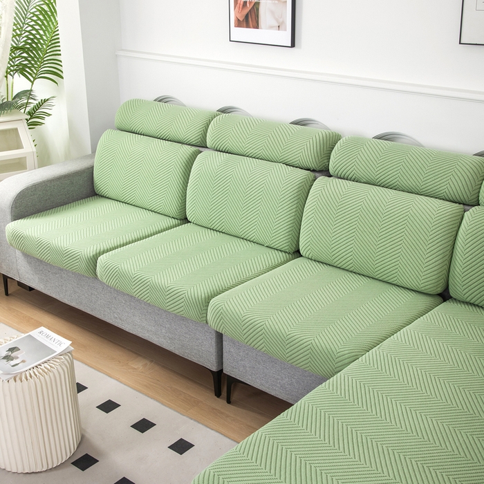 91家纺网 家纺一手货源 找家纺 千彤沙发垫 2024新款常规款拉花人字纹沙发套系列 浅绿