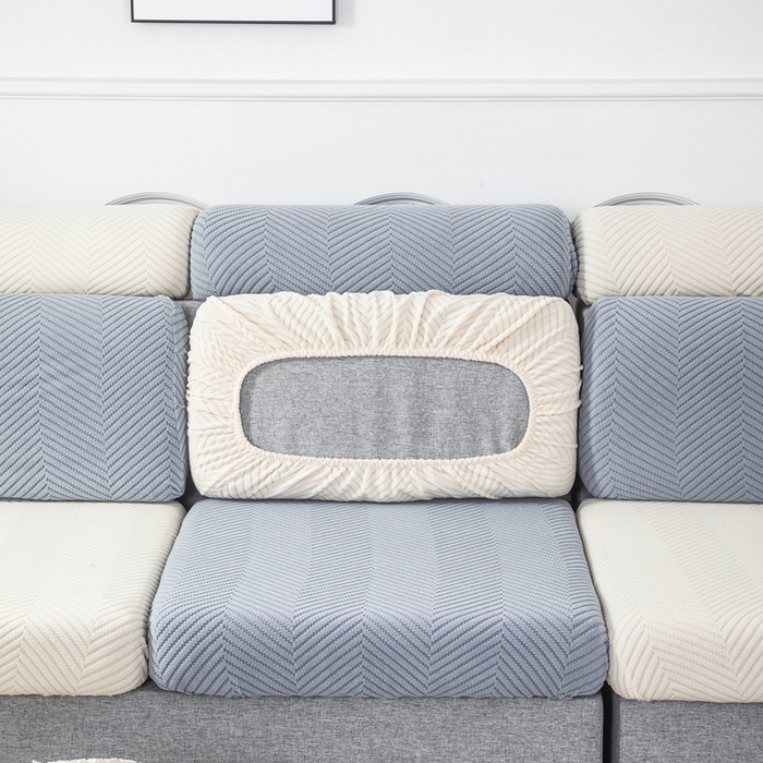 91家纺网 家纺一手货源 找家纺 千彤沙发垫 2024新款常规款拉花人字纹沙发套系列 蓝灰米黄