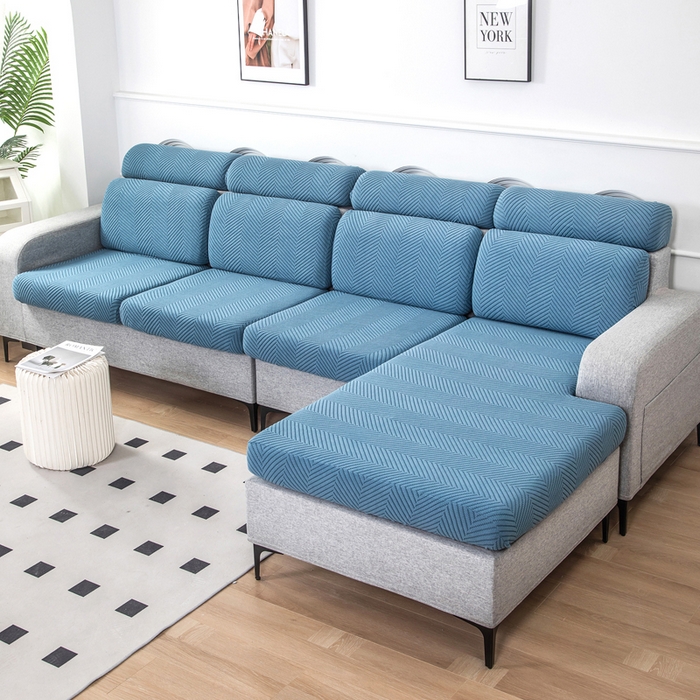 91家纺网 家纺一手货源 找家纺 千彤沙发垫 2024新款常规款拉花人字纹沙发套系列 水蓝