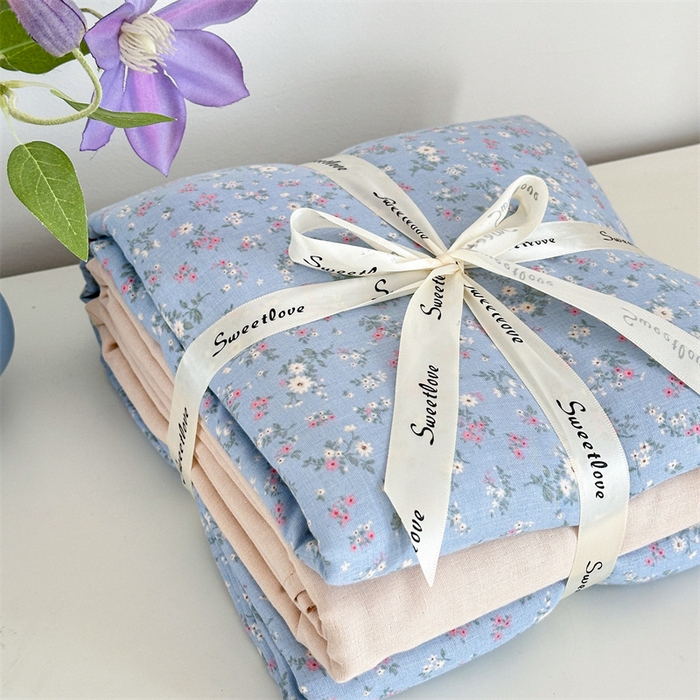 91家纺网 家纺一手货源 找家纺 曼之夏 2024新款全棉印花双层纱四件套 蓝韵