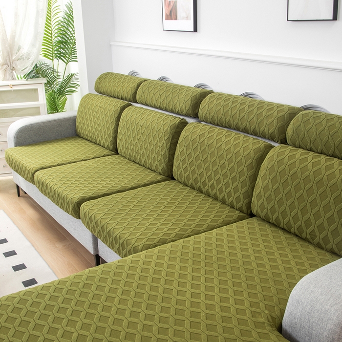 91家纺网 家纺一手货源 找家纺 千彤沙发垫 2024新款常规款拉花菱形格沙发套系列 橄榄绿