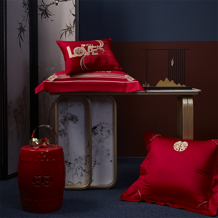 91家纺网 家纺一手货源 找家纺 高大尚婚庆馆 2025新款长绒棉囍嫁系列婚庆四件套 格调