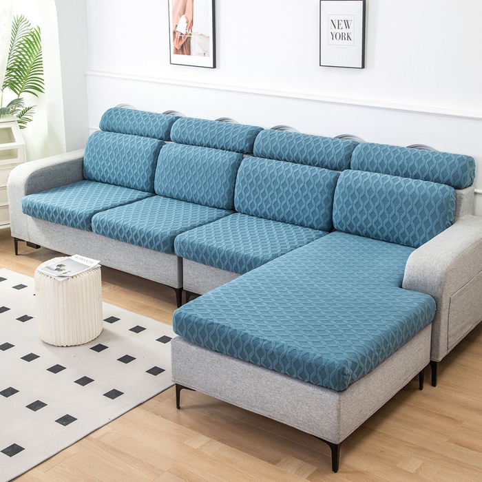 91家纺网 家纺一手货源 找家纺 千彤沙发垫 2024新款常规款拉花菱形格沙发套系列 水蓝