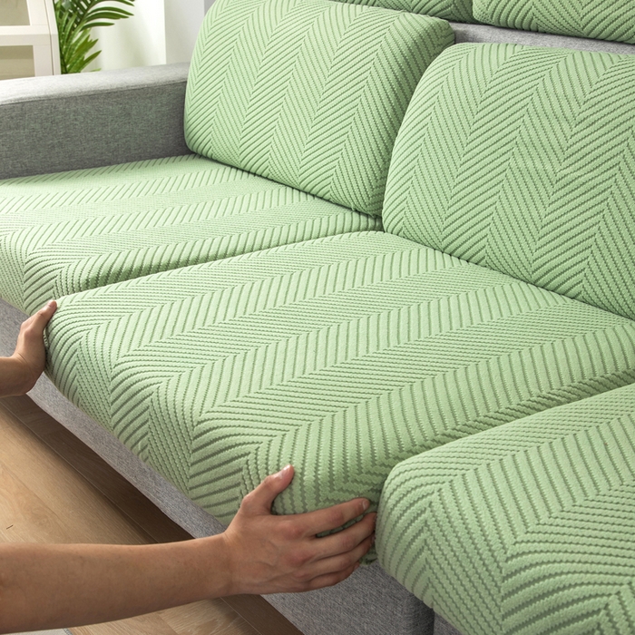 91家纺网 家纺一手货源 找家纺 千彤沙发垫 2024新款常规款拉花人字纹沙发套系列 浅绿