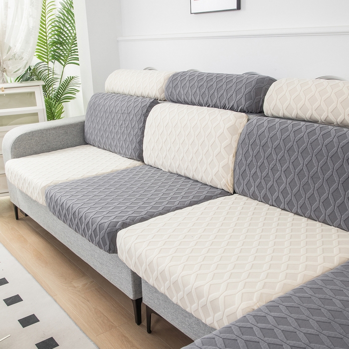 91家纺网 家纺一手货源 找家纺 千彤沙发垫 2024新款常规款拉花菱形格沙发套系列 深灰米黄