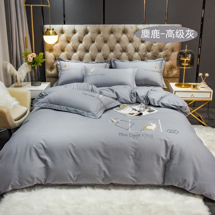 91家纺网 家纺一手货源 找家纺 艾迪尚家纺 2025新款纯色生态磨毛绣花单床单 麋鹿-高级灰