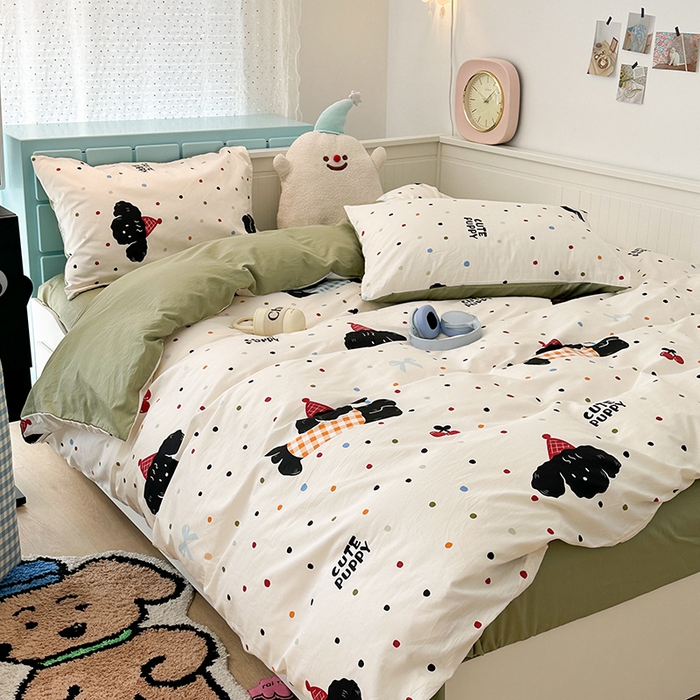 91家纺网 家纺一手货源 找家纺 昔可 2024新款全棉多巴胺卡通轻柔四件套系列 哈皮狗狗