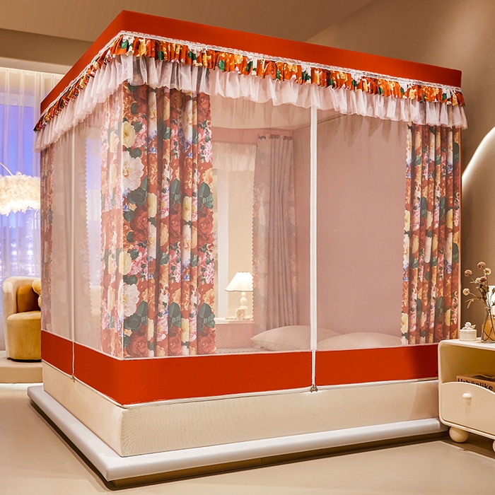 91家纺网 家纺一手货源 找家纺 艾晶美2025新款印花坐床式防摔遮光布帘蚊帐 红粉佳人