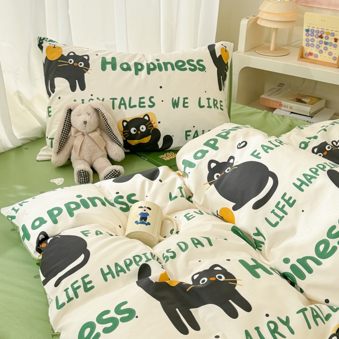 91家纺网 家纺一手货源 找家纺 呗旺鹿 2024新款小清新13372全棉四件套纯棉四件套学生三件套 淘气猫