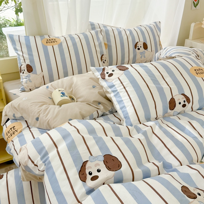 91家纺网 家纺一手货源 找家纺 呗旺鹿 2024新款小清新13372全棉四件套纯棉四件套学生三件套 竖条可可