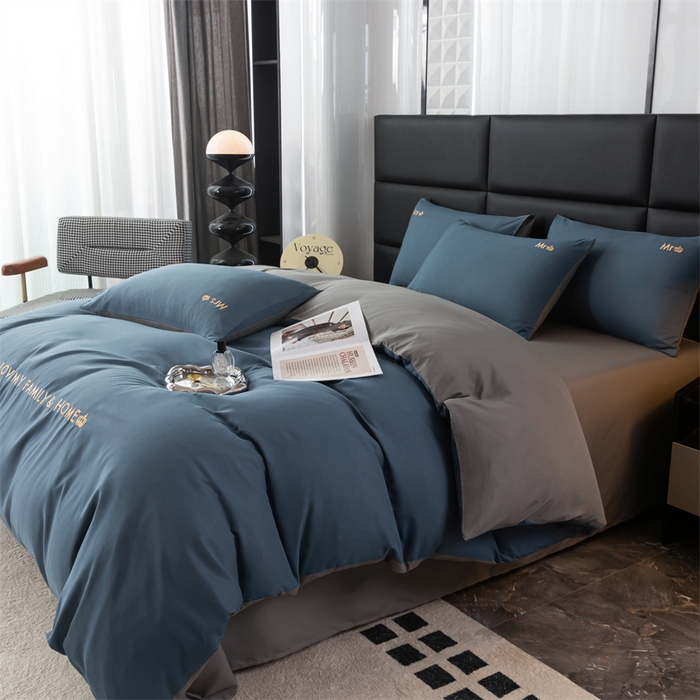 91家纺网 家纺一手货源 找家纺 梦莱家纺 2024新款磨毛刺绣四件套 宝石蓝