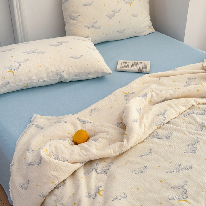 91家纺网 家纺一手货源 找家纺 山舍家居 2024新款全棉皱皱纱夏被四件套 云间月