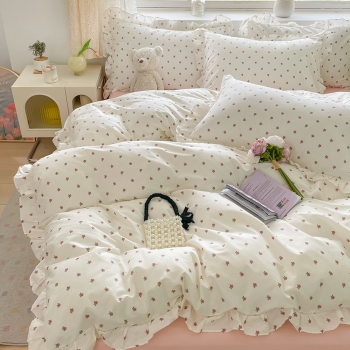 91家纺网 家纺一手货源 找家纺 柠馨 2024新款全棉印花浪漫花边款四件套 拾忆