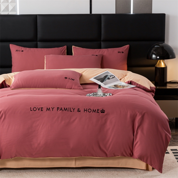 91家纺网 家纺一手货源 找家纺 梦莱家纺 2024新款磨毛刺绣四件套 玫红