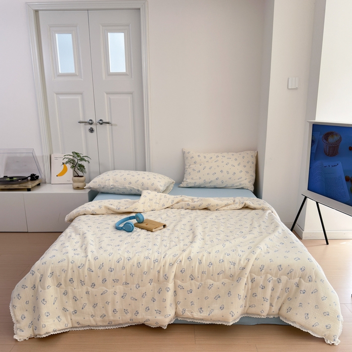 91家纺网 家纺一手货源 找家纺 山舍家居 2024新款全棉皱皱纱夏被四件套 萌萌兔