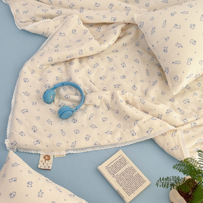 91家纺网 家纺一手货源 找家纺 山舍家居 2024新款全棉皱皱纱夏被四件套 萌萌兔