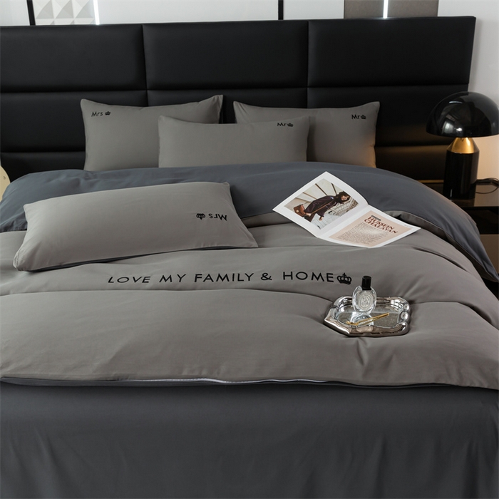 91家纺网 家纺一手货源 找家纺 梦莱家纺 2024新款磨毛刺绣四件套 浅灰