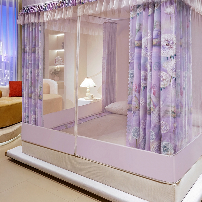 91家纺网 家纺一手货源 找家纺 艾晶美2025新款印花坐床式防摔遮光布帘蚊帐 英花小镇