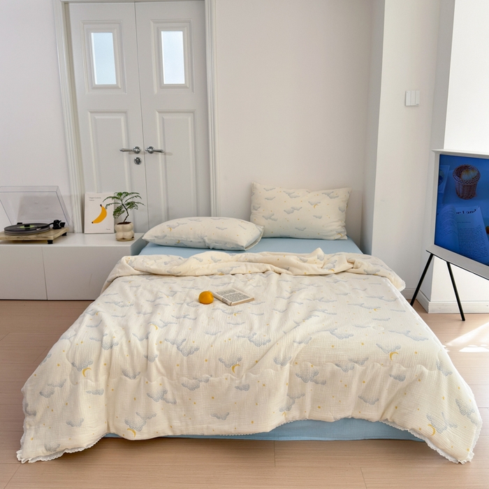 91家纺网 家纺一手货源 找家纺 山舍家居 2024新款全棉皱皱纱夏被四件套 云间月