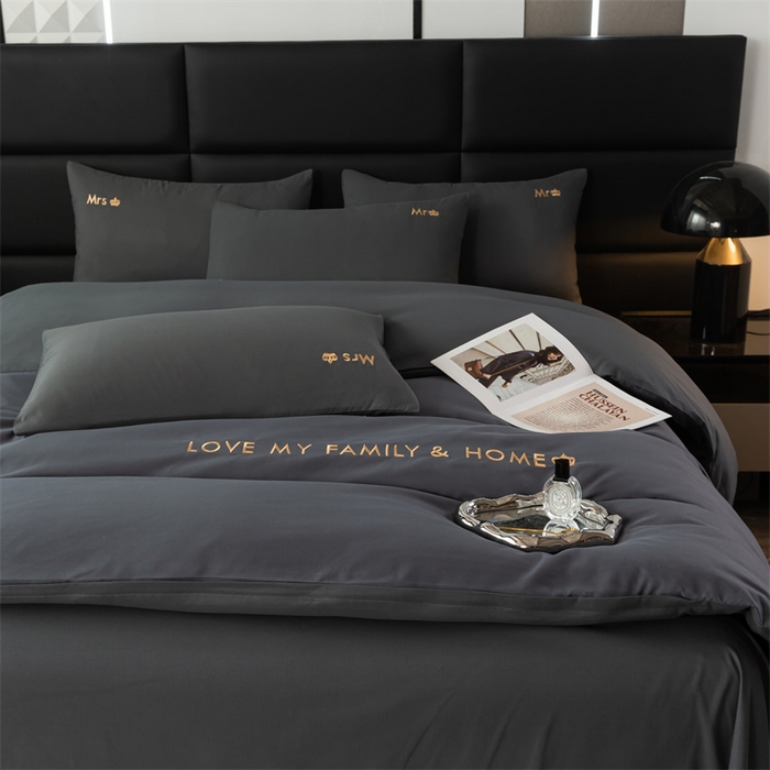 91家纺网 家纺一手货源 找家纺 梦莱家纺 2024新款磨毛刺绣四件套 深灰