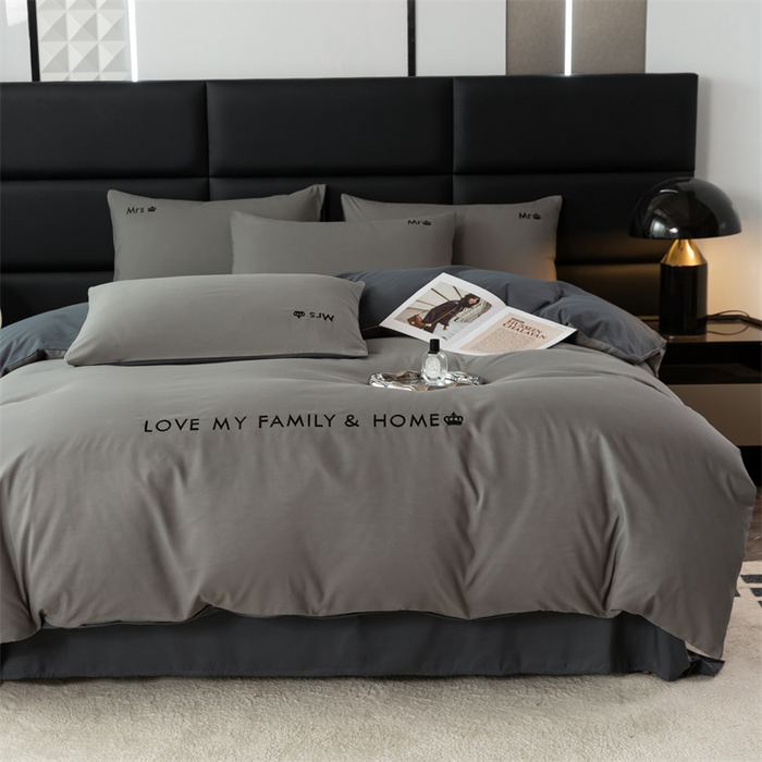 91家纺网 家纺一手货源 找家纺 梦莱家纺 2024新款磨毛刺绣四件套 浅灰