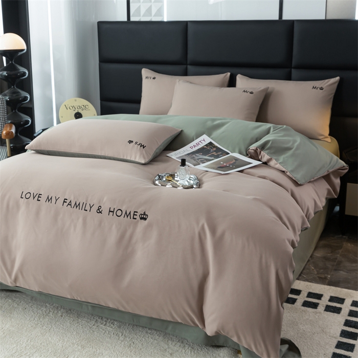 91家纺网 家纺一手货源 找家纺 梦莱家纺 2024新款磨毛刺绣四件套 卡其