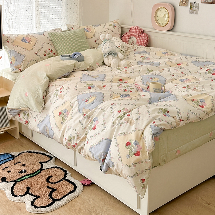 91家纺网 家纺一手货源 找家纺 昔可 2024新款全棉多巴胺卡通轻柔四件套系列 菱格莓莓兔