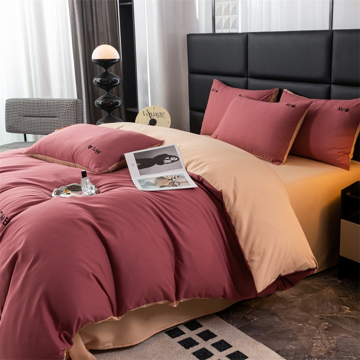 91家纺网 家纺一手货源 找家纺 梦莱家纺 2024新款磨毛刺绣四件套 玫红