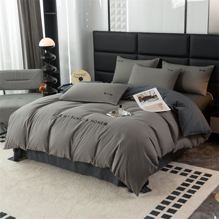 91家纺网 家纺一手货源 找家纺 梦莱家纺 2024新款磨毛刺绣四件套 浅灰