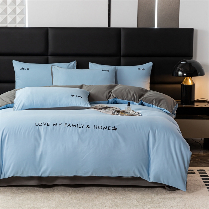 91家纺网 家纺一手货源 找家纺 梦莱家纺 2024新款磨毛刺绣四件套 天空蓝