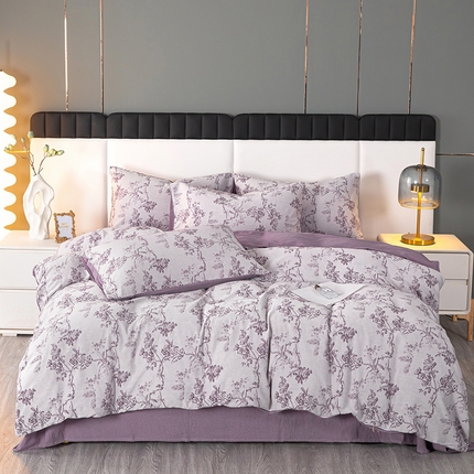 木兰花 2024新款民宿空气感全棉双层提花四件套床单款小众色织水洗棉床笠款 雅曼-紫