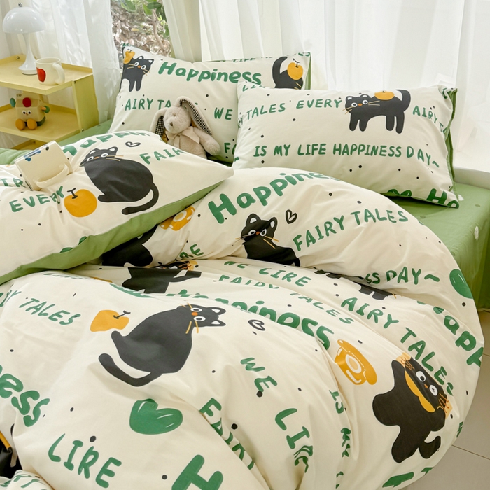 91家纺网 家纺一手货源 找家纺 呗旺鹿 2024新款小清新13372全棉四件套纯棉四件套学生三件套 淘气猫