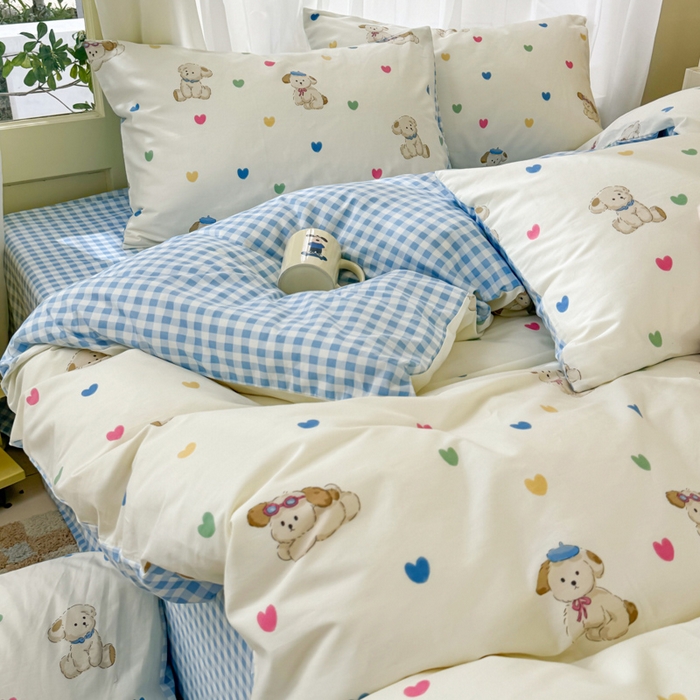 91家纺网 家纺一手货源 找家纺 呗旺鹿 2024新款小清新13372全棉四件套纯棉四件套学生三件套 多巴胺小狗