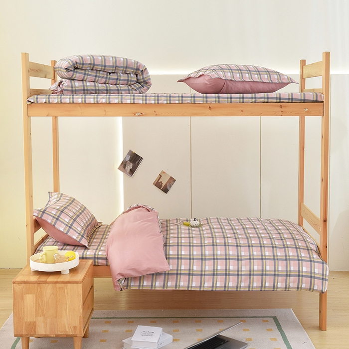 91家纺网 家纺一手货源 找家纺 茗婷家纺 2025款13372纯棉学生宿舍上下铺三六件套 简格~粉