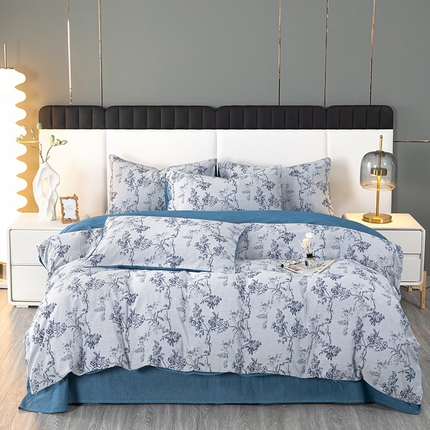 91家纺网 家纺一手货源 找家纺 （总）木兰花 2024新款民宿空气感全棉双层提花四件套床单款小众色织水洗棉床笠款