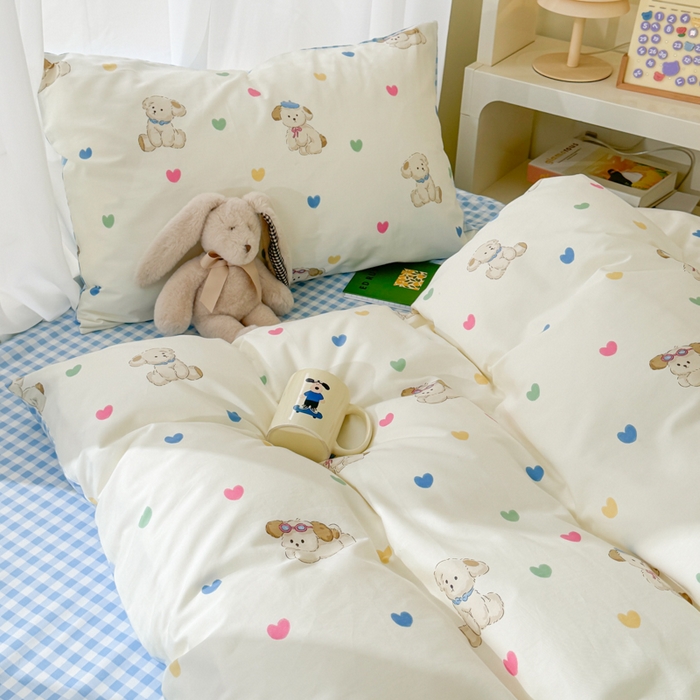 91家纺网 家纺一手货源 找家纺 呗旺鹿 2024新款小清新13372全棉四件套纯棉四件套学生三件套 多巴胺小狗