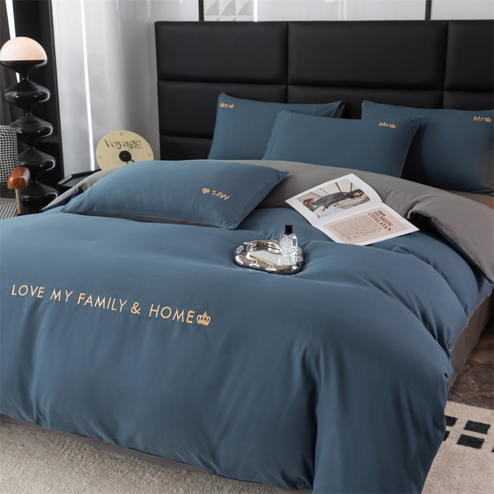 91家纺网 家纺一手货源 找家纺 梦莱家纺 2024新款磨毛刺绣四件套 宝石蓝